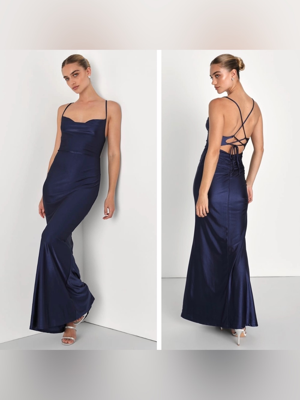 NWT Lulus Iconic Allure Navy Blue Cowl Neck Lace-Up Ruched Maxi Dress, Small